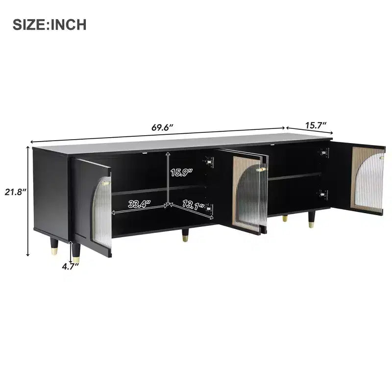 Meuble TV avec portes vitrées pour téléviseur de 78", console multimédia en bois avec portes de placard cintrées, centre de divertissement avec étagères réglables