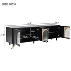 Meuble TV avec portes vitrées pour téléviseur de 78", console multimédia en bois avec portes de placard cintrées, centre de divertissement avec étagères réglables