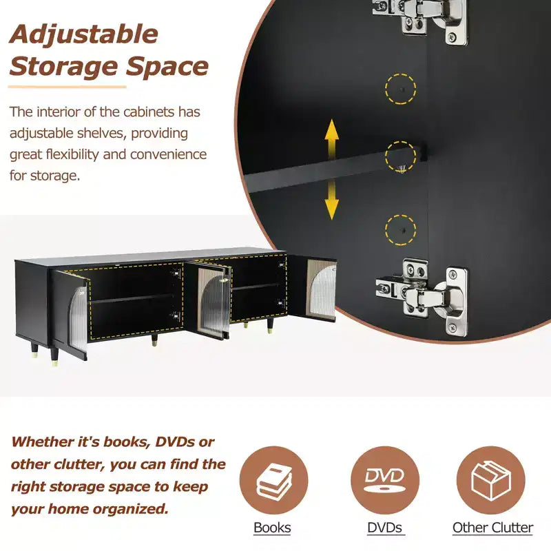 Meuble TV avec portes vitrées pour téléviseur de 78", console multimédia en bois avec portes de placard cintrées, centre de divertissement avec étagères réglables