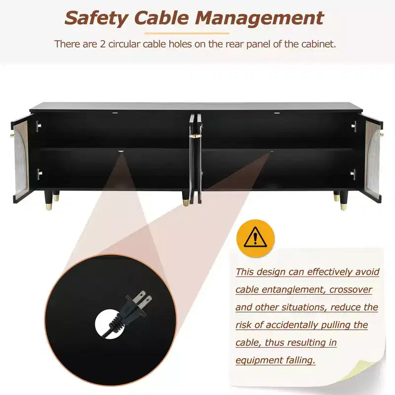 Meuble TV avec portes vitrées pour téléviseur de 78", console multimédia en bois avec portes de placard cintrées, centre de divertissement avec étagères réglables