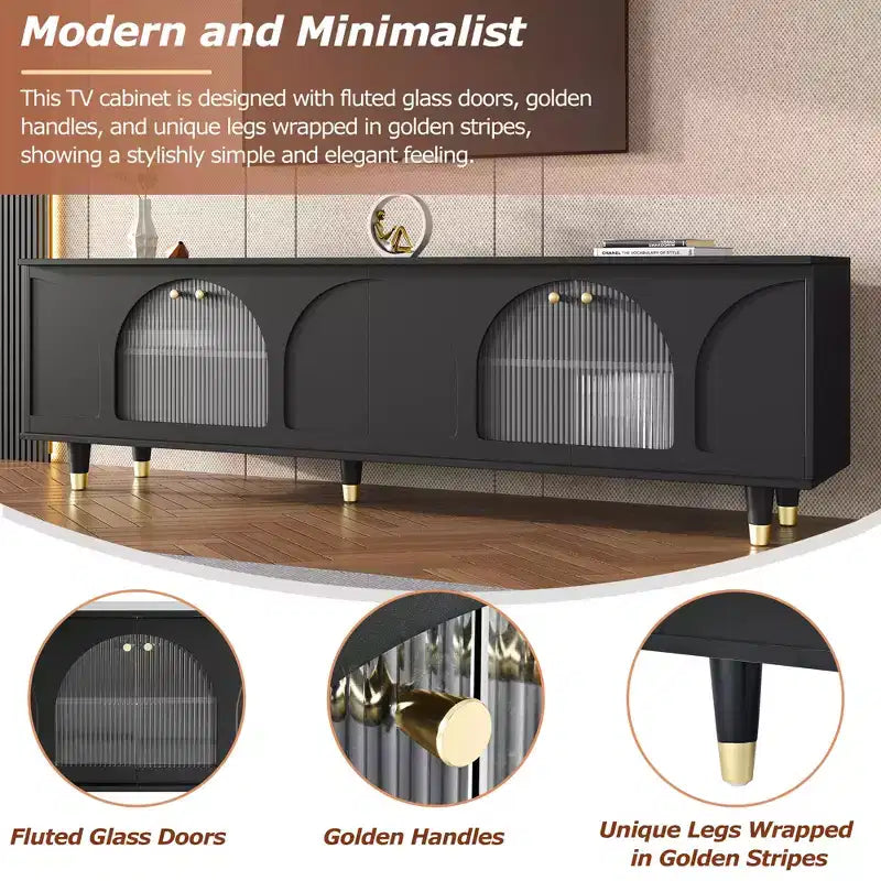 Meuble TV avec portes vitrées pour téléviseur de 78", console multimédia en bois avec portes de placard cintrées, centre de divertissement avec étagères réglables