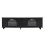Meuble TV avec portes vitrées pour téléviseur de 78", console multimédia en bois avec portes de placard cintrées, centre de divertissement avec étagères réglables