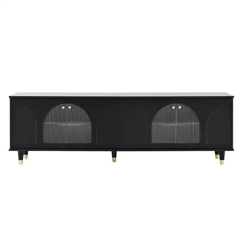 Meuble TV avec portes vitrées pour téléviseur de 78", console multimédia en bois avec portes de placard cintrées, centre de divertissement avec étagères réglables