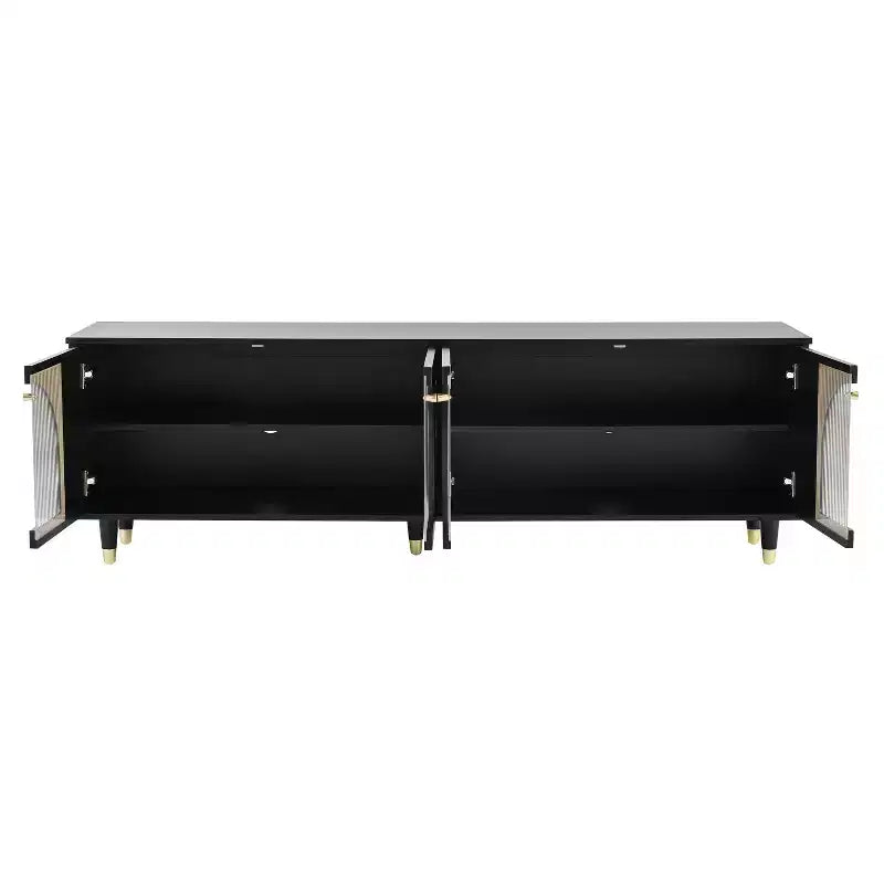 Meuble TV avec portes vitrées pour téléviseur de 78", console multimédia en bois avec portes de placard cintrées, centre de divertissement avec étagères réglables
