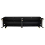 Meuble TV avec portes vitrées pour téléviseur de 78", console multimédia en bois avec portes de placard cintrées, centre de divertissement avec étagères réglables