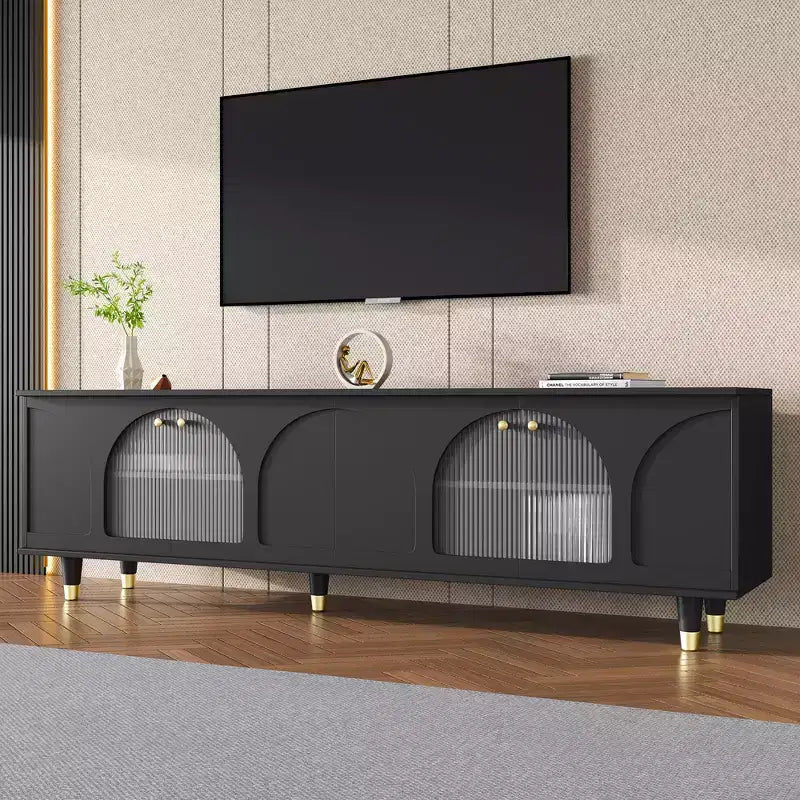TV Stand with Glass Doors for 78 TV, Wood Media Console with Arched Cabinet Doors, Entertainment Center with Adjustable Shelves