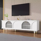Meuble TV avec portes vitrées pour téléviseur de 78", console multimédia en bois avec portes de placard cintrées, centre de divertissement avec étagères réglables