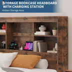 Cadre de lit avec tête de lit bibliothèque haute de rangement, 4 tiroirs de rangement, station de charge intégrée, sommier tapissier non requis, cadre métallique, silencieux