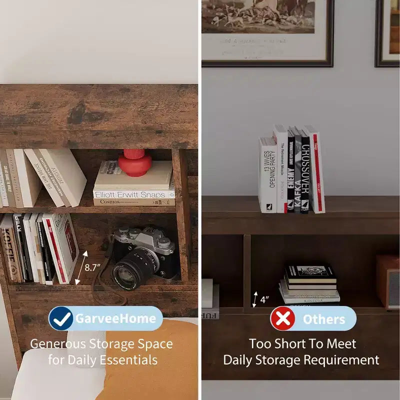Cadre de lit avec tête de lit bibliothèque haute de rangement, 4 tiroirs de rangement, station de charge intégrée, sommier tapissier non requis, cadre métallique, silencieux