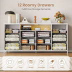 Commode 12 tiroirs Meuble TV pour téléviseur 65 70 75 pouces 63 L Commode longue blanche pour chambre à coucher avec lumières LED et prises de courant Tiroirs en tissu pour placard
