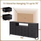 Commode 12 tiroirs Meuble TV pour téléviseur 65 70 75 pouces 63 L Commode longue blanche pour chambre à coucher avec lumières LED et prises de courant Tiroirs en tissu pour placard