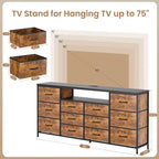 Commode 12 tiroirs Meuble TV pour téléviseur 65 70 75 pouces 63 L Commode longue blanche pour chambre à coucher avec lumières LED et prises de courant Tiroirs en tissu pour placard