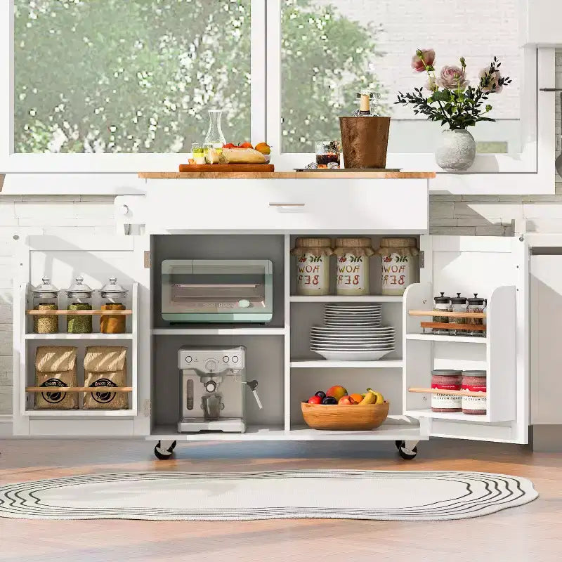 Dessertes de cuisine roulantes avec rangement, îlots de cuisine sur roulettes avec étagère tour réglable, chariots de cuisine avec plateau en bois et étagère de rangement