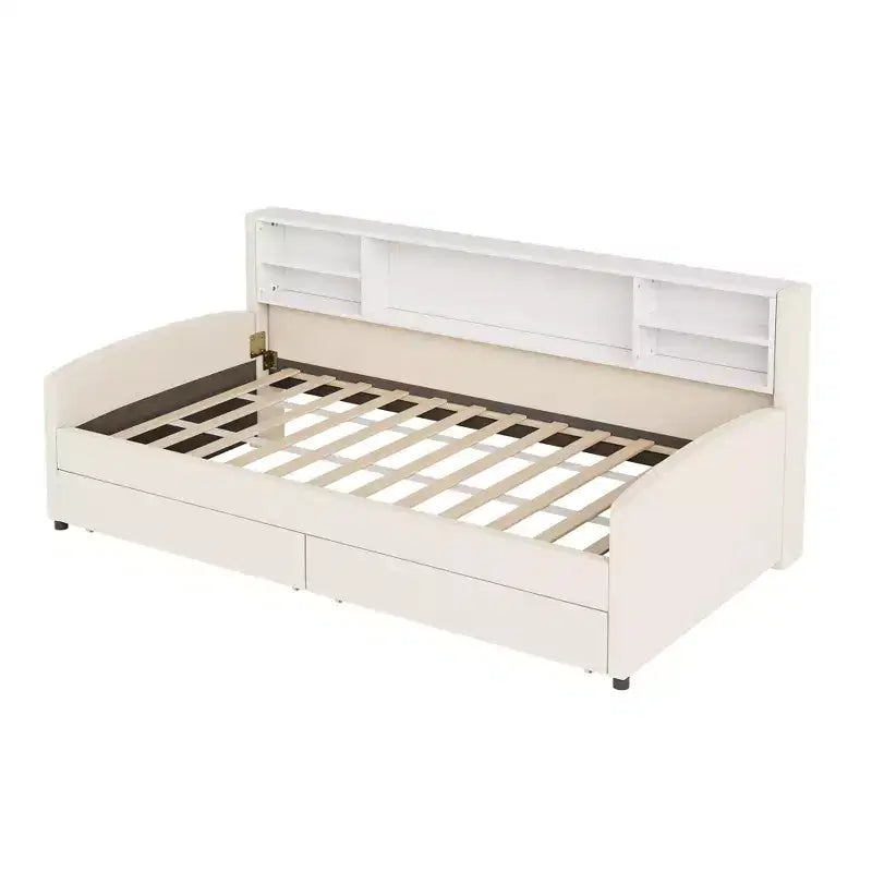 Lit de repos jumeau Bellemave avec 2 tiroirs de rangement et rangement latéral, lit jumeau rembourré en velours pour enfants et tout-petits
