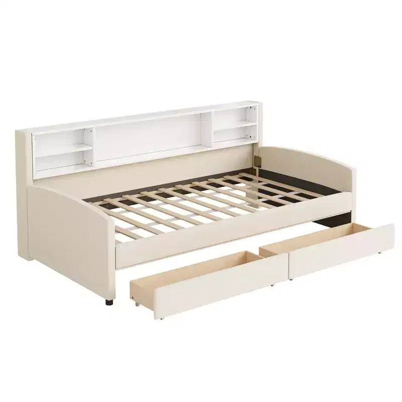 Lit de repos jumeau Bellemave avec 2 tiroirs de rangement et rangement latéral, lit jumeau rembourré en velours pour enfants et tout-petits