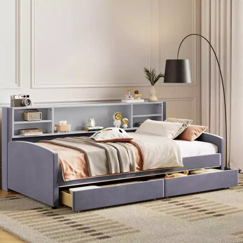 Lit de repos jumeau Bellemave avec 2 tiroirs de rangement et rangement latéral, lit jumeau rembourré en velours pour enfants et tout-petits