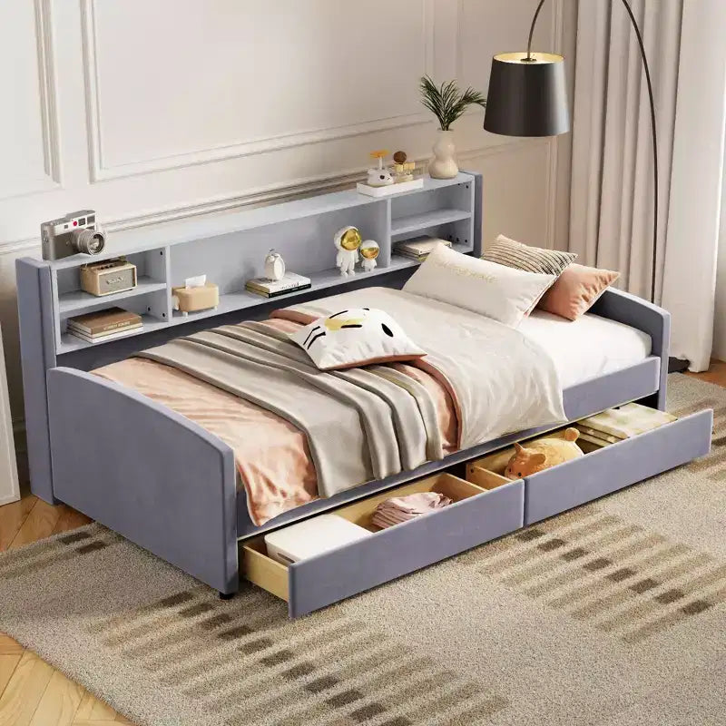 Lit de repos jumeau Bellemave avec 2 tiroirs de rangement et rangement latéral, lit jumeau rembourré en velours pour enfants et tout-petits