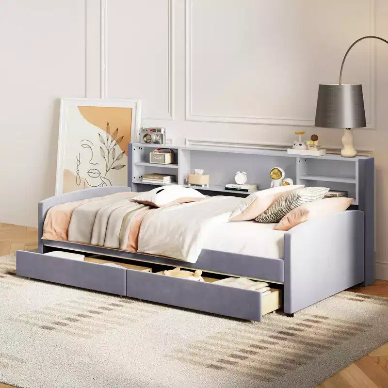 Lit de repos jumeau Bellemave avec 2 tiroirs de rangement et rangement latéral, lit jumeau rembourré en velours pour enfants et tout-petits