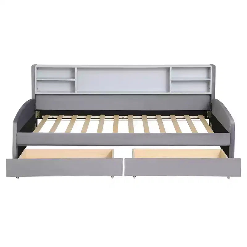 Lit de repos jumeau Bellemave avec 2 tiroirs de rangement et rangement latéral, lit jumeau rembourré en velours pour enfants et tout-petits