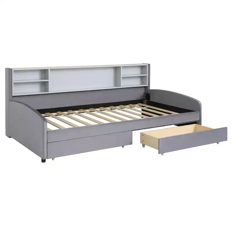Lit de repos jumeau Bellemave avec 2 tiroirs de rangement et rangement latéral, lit jumeau rembourré en velours pour enfants et tout-petits