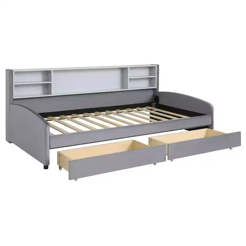 Lit de repos jumeau Bellemave avec 2 tiroirs de rangement et rangement latéral, lit jumeau rembourré en velours pour enfants et tout-petits