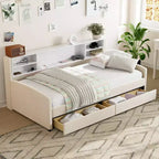 Lit de repos jumeau Bellemave avec 2 tiroirs de rangement et rangement latéral, lit jumeau rembourré en velours pour enfants et tout-petits