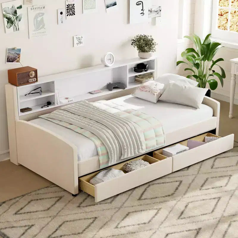 Lit de repos jumeau Bellemave avec 2 tiroirs de rangement et rangement latéral, lit jumeau rembourré en velours pour enfants et tout-petits