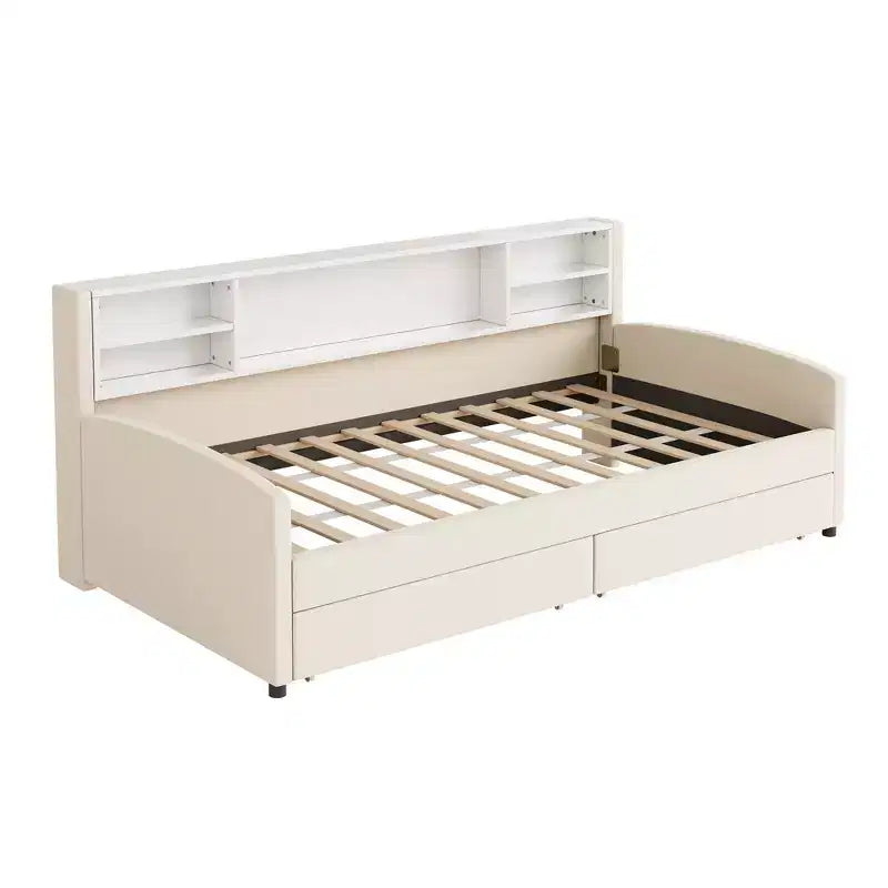 Lit de repos jumeau Bellemave avec 2 tiroirs de rangement et rangement latéral, lit jumeau rembourré en velours pour enfants et tout-petits