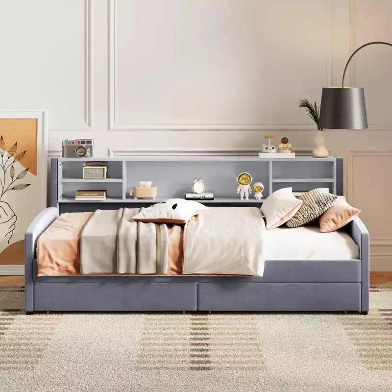 Lit de repos jumeau Bellemave avec 2 tiroirs de rangement et rangement latéral, lit jumeau rembourré en velours pour enfants et tout-petits