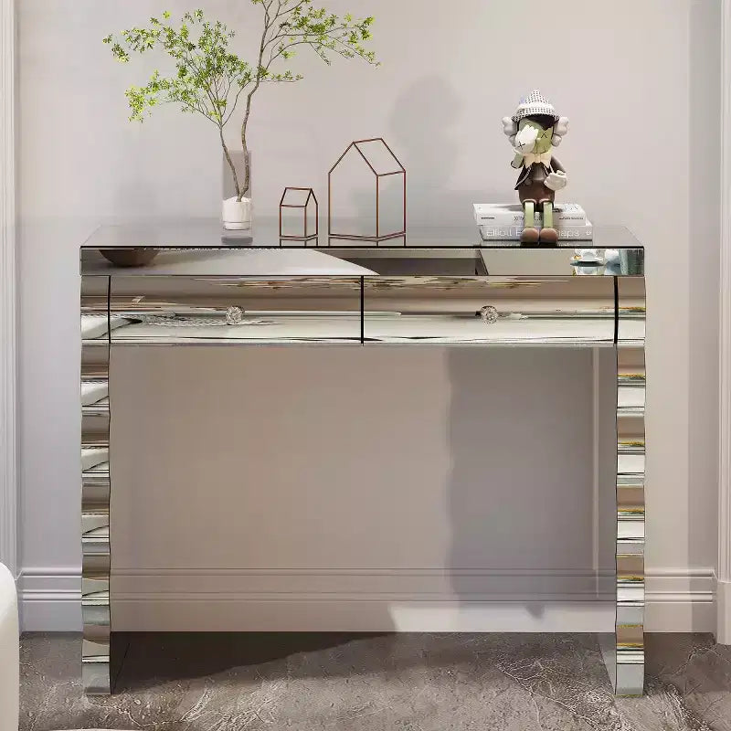 39 Modern Mirrored Console Table with 2 Drawers, Curved Glass Dressing Table, Entryway or Sofa Table for Hallway & Living Room-Panipeachy