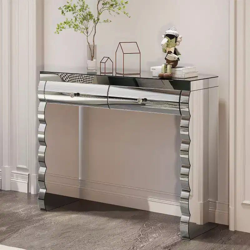 Panipeachy - Console Miroir Moderne 39 po avec 2 Tiroirs, Coiffeuse en Verre Courbé, Table d'Entrée ou de Canapé pour Couloir et Salon