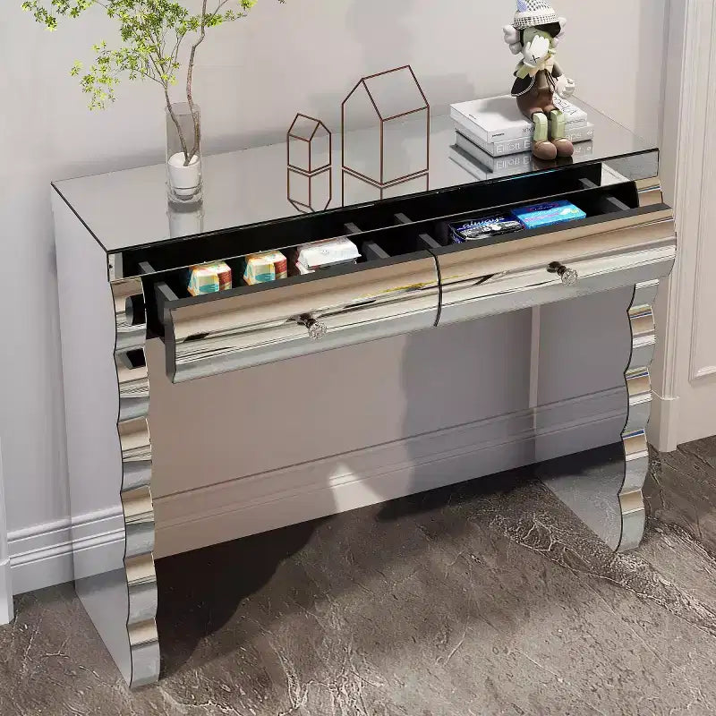 Panipeachy - Console Miroir Moderne 39 po avec 2 Tiroirs, Coiffeuse en Verre Courbé, Table d'Entrée ou de Canapé pour Couloir et Salon