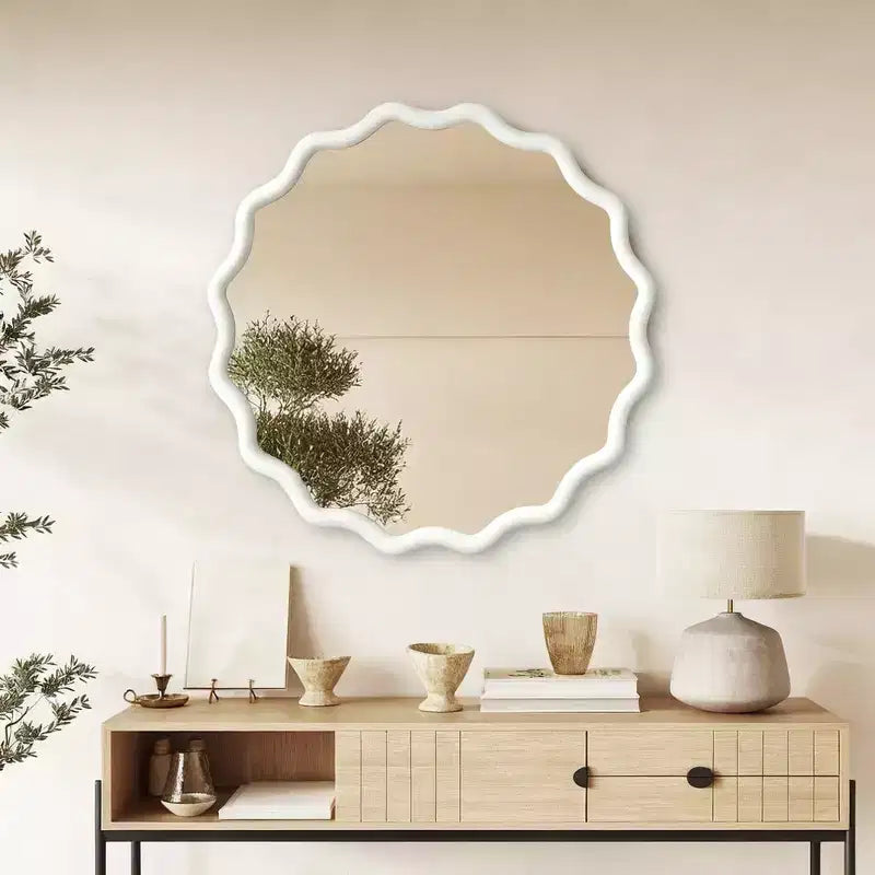 Miroir décoratif rond ondulé Whisen 36, cadre en bois massif, entrée