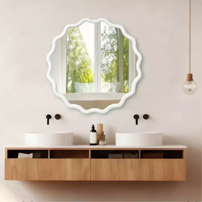 Miroir décoratif rond ondulé Whisen 36, cadre en bois massif, entrée