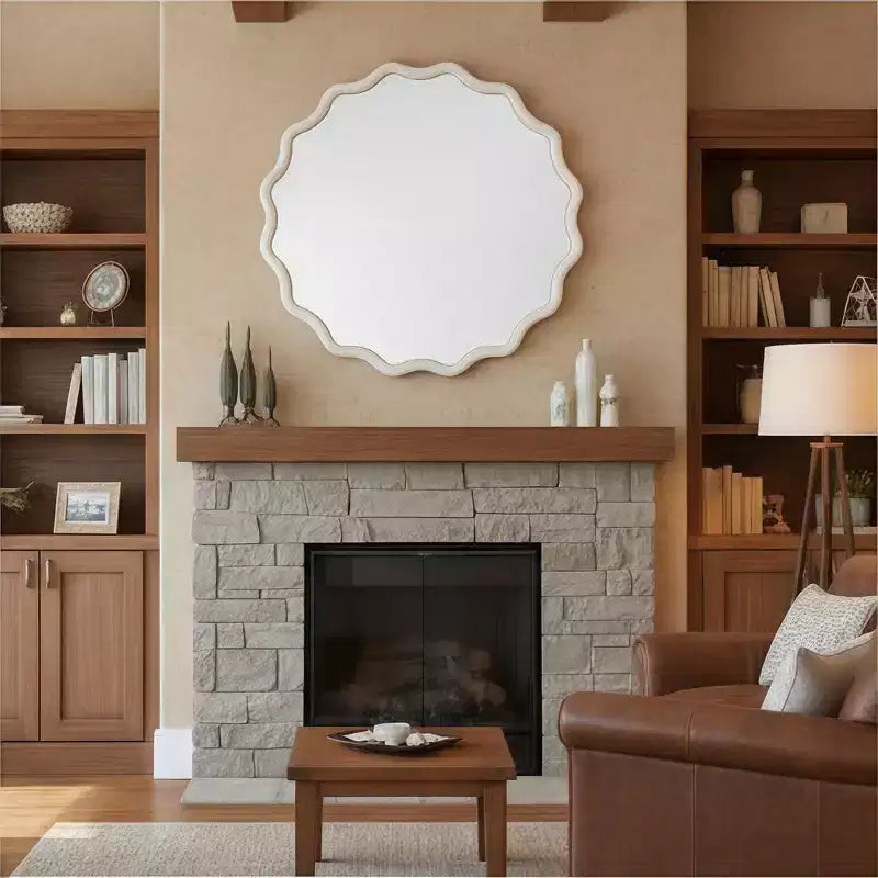 Miroir décoratif rond ondulé Whisen 36, cadre en bois massif, entrée
