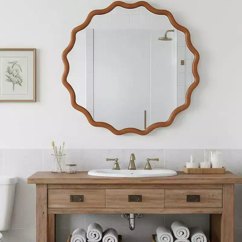 Miroir décoratif rond ondulé Whisen 36, cadre en bois massif, entrée