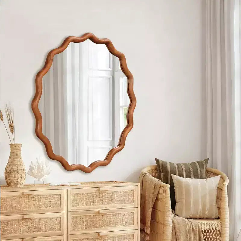 Miroir décoratif rond ondulé Whisen 36, cadre en bois massif, entrée