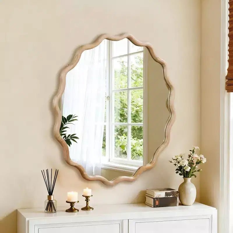 Miroir décoratif rond ondulé Whisen 36, cadre en bois massif, entrée