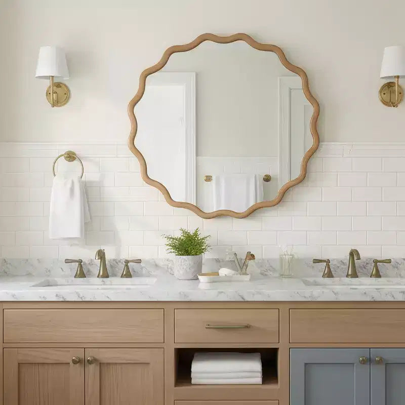 Miroir décoratif rond ondulé Whisen 36, cadre en bois massif, entrée