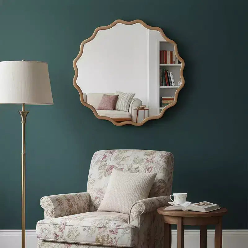 Miroir décoratif rond ondulé Whisen 36, cadre en bois massif, entrée