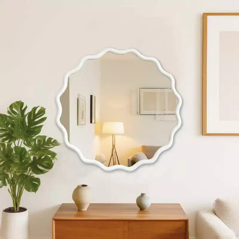 Miroir décoratif rond ondulé Whisen 36, cadre en bois massif, entrée