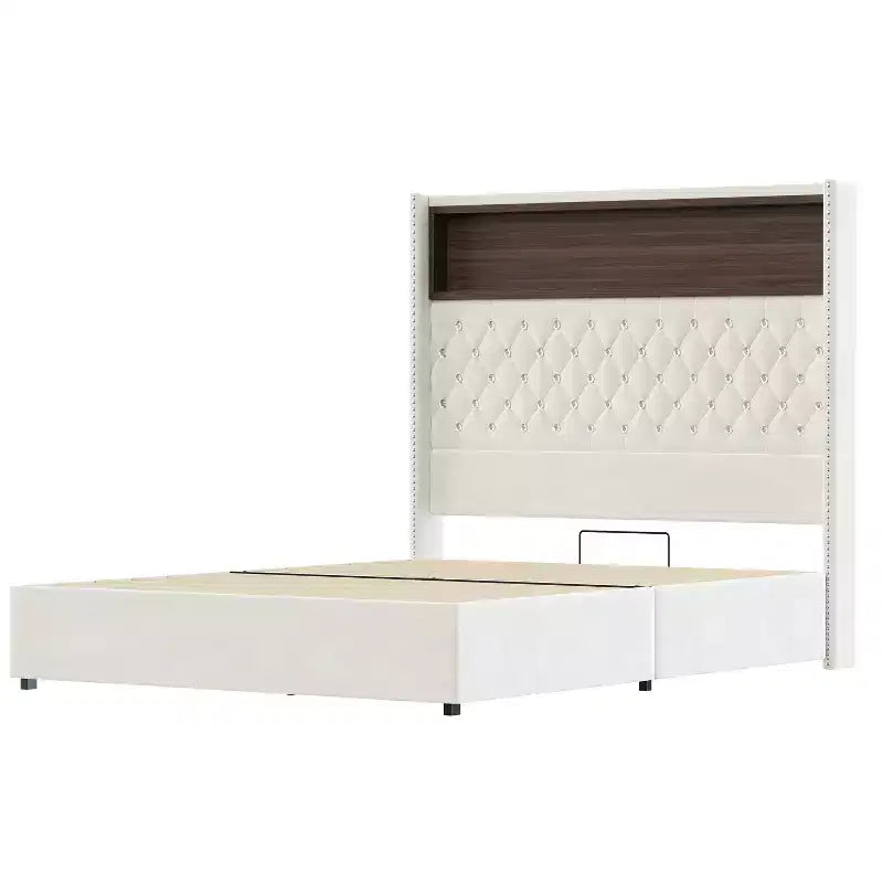 Lit Polibi en Velours avec Tête de Lit Capitonnée, Étagère de Rangement, Ports USB et Lumière LED