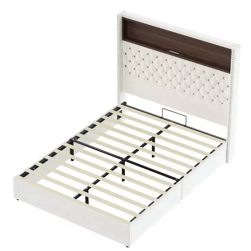 Lit Polibi en Velours avec Tête de Lit Capitonnée, Étagère de Rangement, Ports USB et Lumière LED