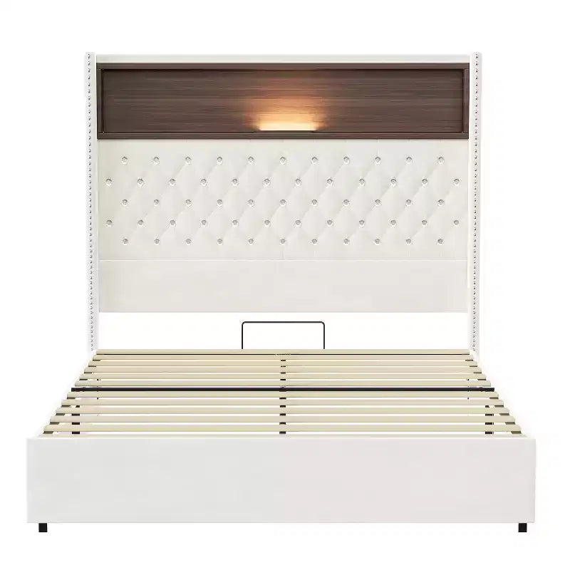Lit Polibi en Velours avec Tête de Lit Capitonnée, Étagère de Rangement, Ports USB et Lumière LED