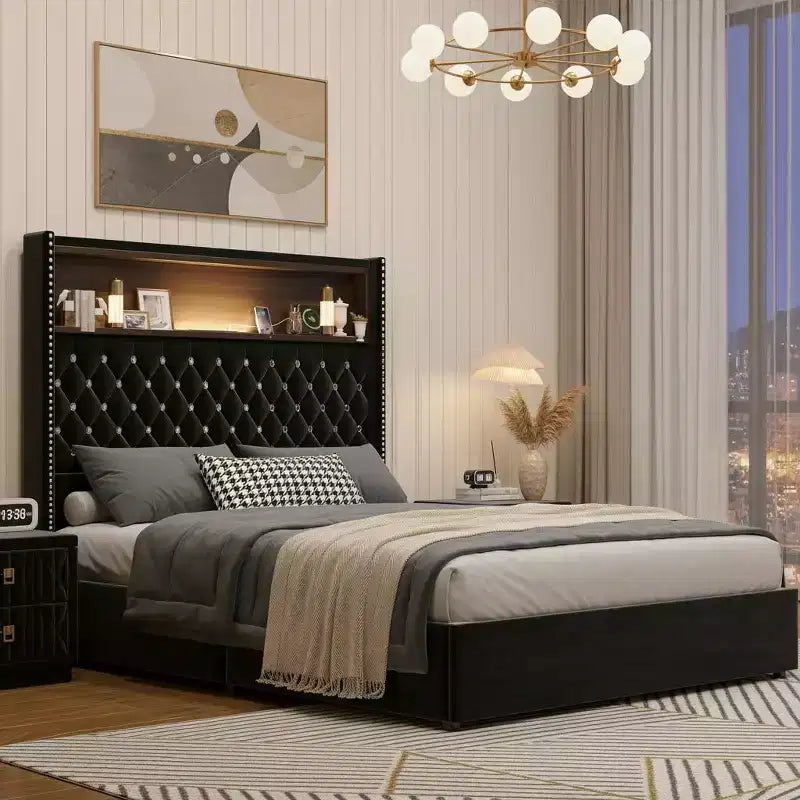 Lit Polibi en Velours avec Tête de Lit Capitonnée, Étagère de Rangement, Ports USB et Lumière LED