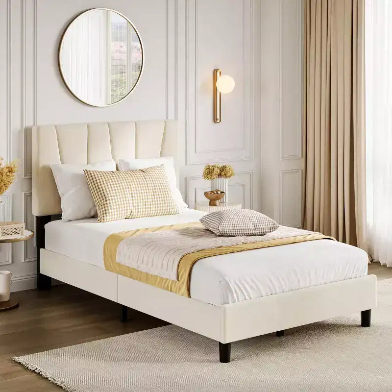 Set of 2 Twin Size Bed Frame with Adjustable Headboard, Velvet Upholstered Tufted Full Platform Bedframe with Strong Wooden Slats