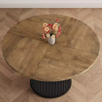 Table à manger ronde 47" pour 4-6 personnes, table de salle à manger avec piétement métallique ondulé robuste, table de cuisine ronde style ferme