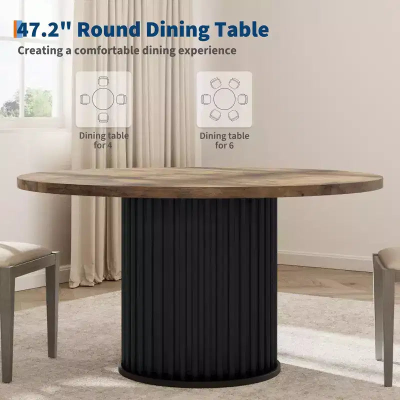 Table à manger ronde 47" pour 4-6 personnes, table de salle à manger avec piétement métallique ondulé robuste, table de cuisine ronde style ferme