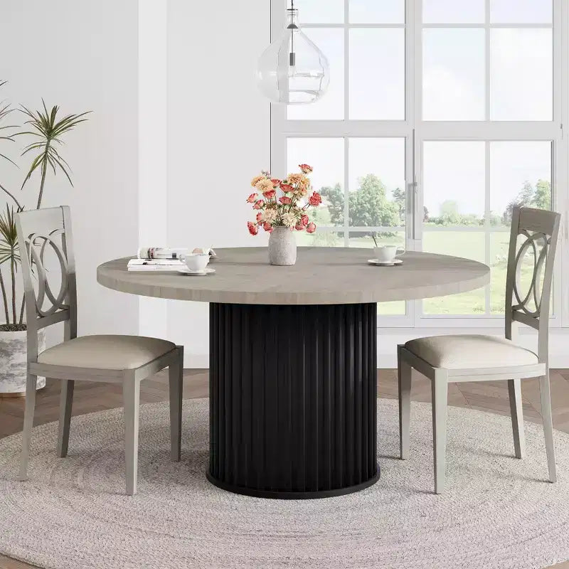 47 Round Dining Table for 4-6 People, Dining Room Table with Sturdy Waveform Metal Pedestal Base, Farmhouse Circle Kitchen Table