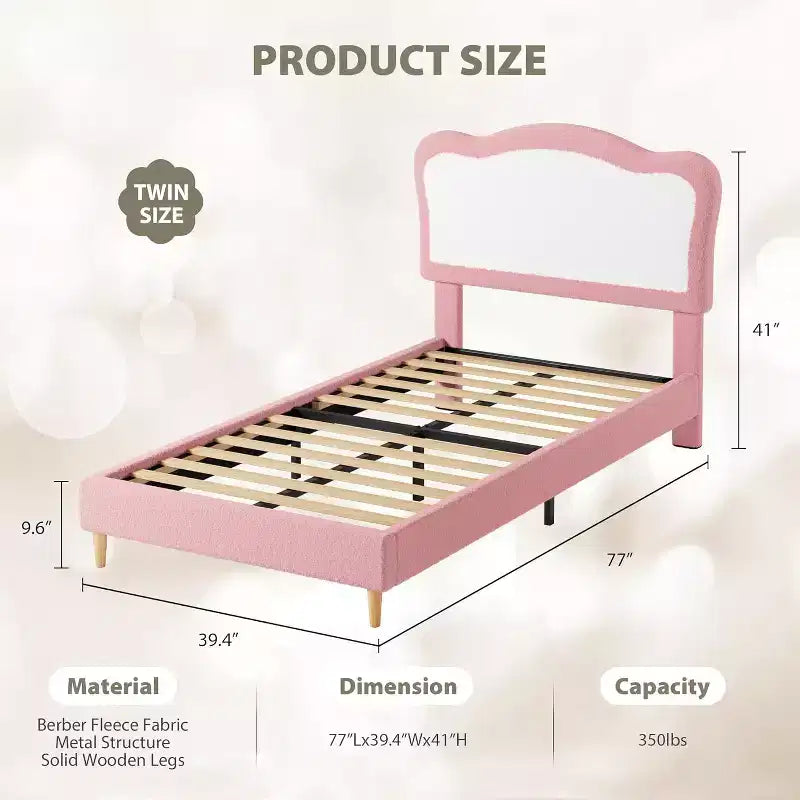 Cadre de lit double/complet rembourré pour enfants avec tête de lit festonnée, lit double mignon en velours pour filles, garçons, lit plateforme robuste, lattes en bois, sans bruit
